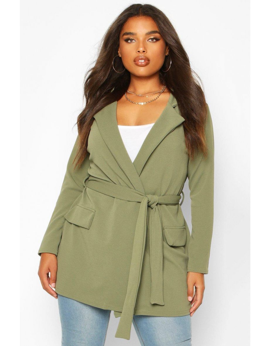 Plus  Oversized Tie Blazer - khaki - 3