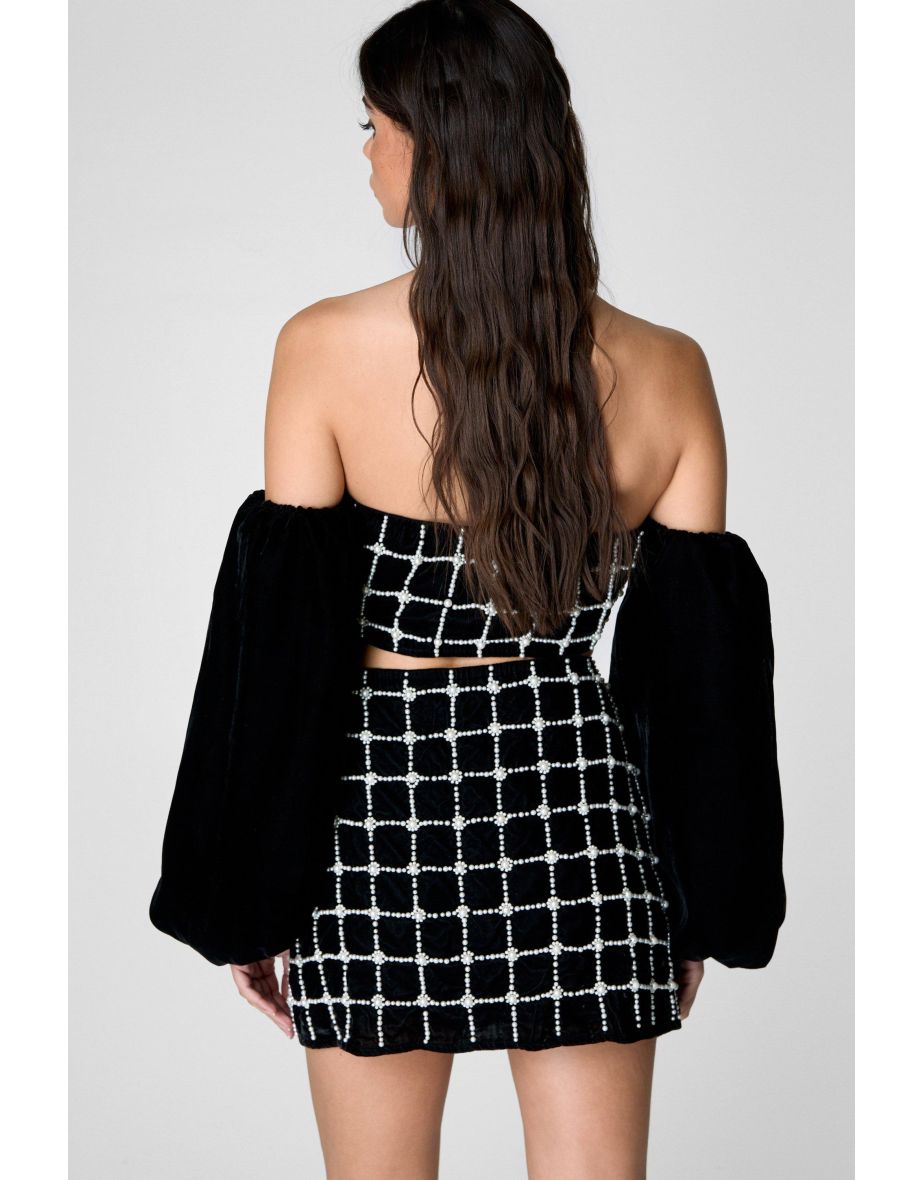 Pearl Embellished Velvet Bardot Top - 3