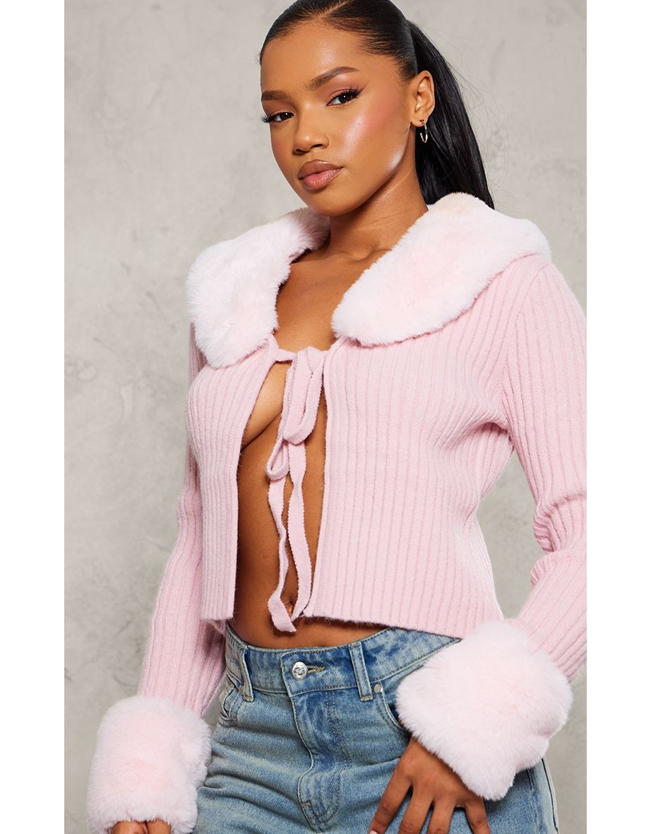 Pink Faux Fur Trim Detail Tie Front Cardigan