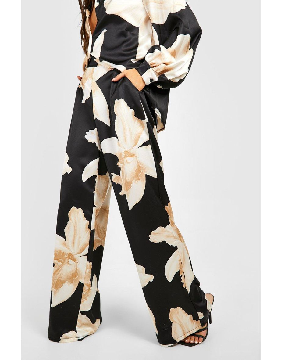 Large Scale Floral Wide Leg Trousers - black - 3