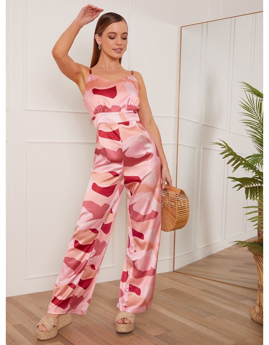 Petite Sleeveless Abstract Camo Print Jumpsuit in Pink