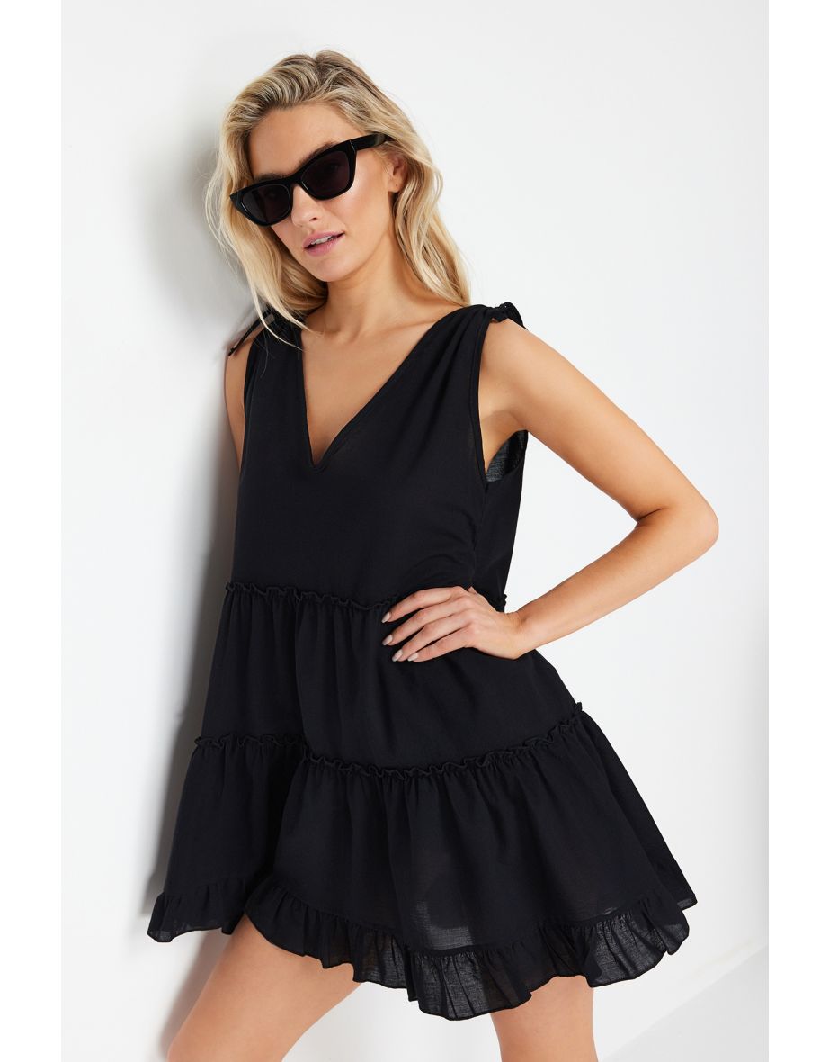 Black Wide Fit Mini Woven Ruffle 100% Cotton Beach Dress