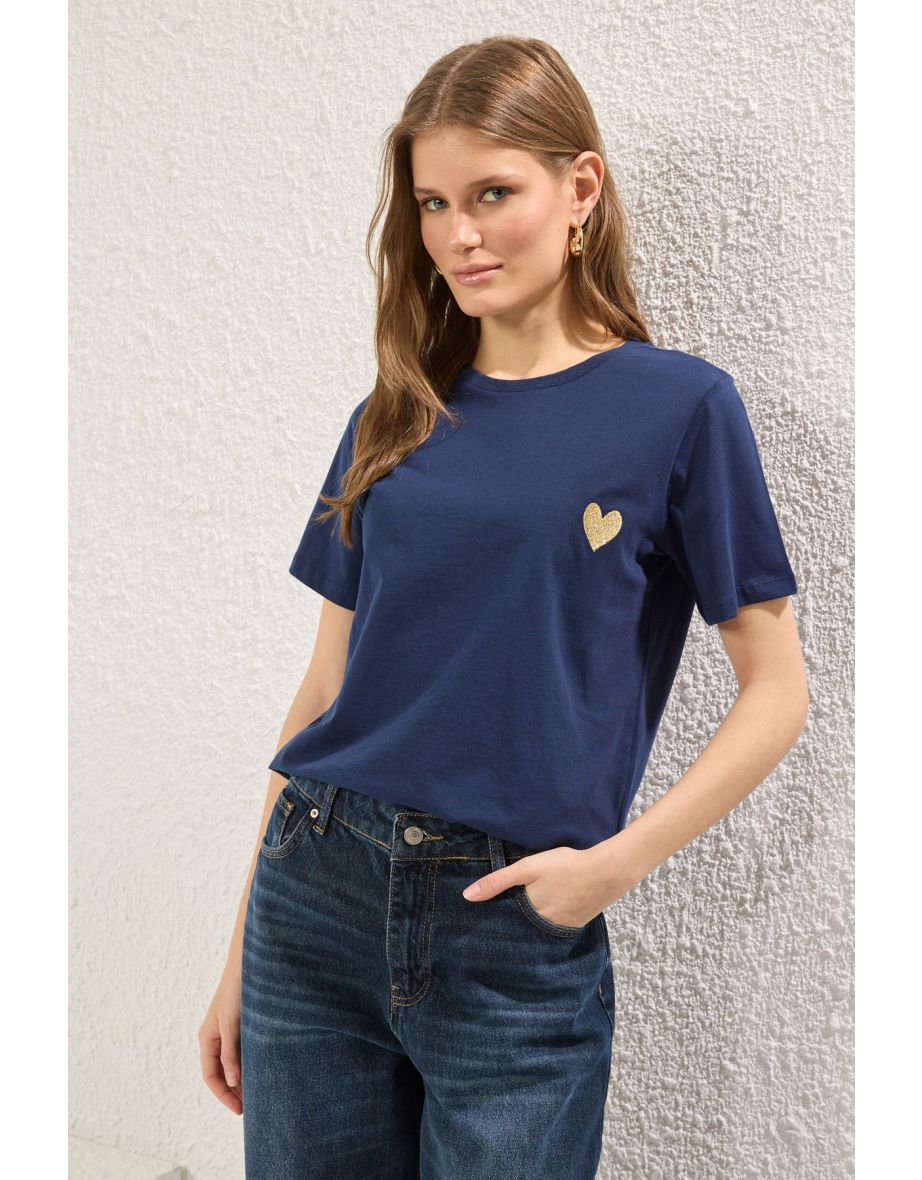 Navy Blue Cotton Gilded/Shiny Star Embroidered Regular/Normal Pattern Knitted T-Shirt