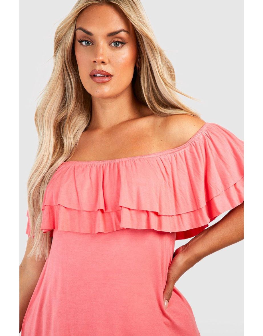 Plus Ruffle Bardot Top - coral - 3