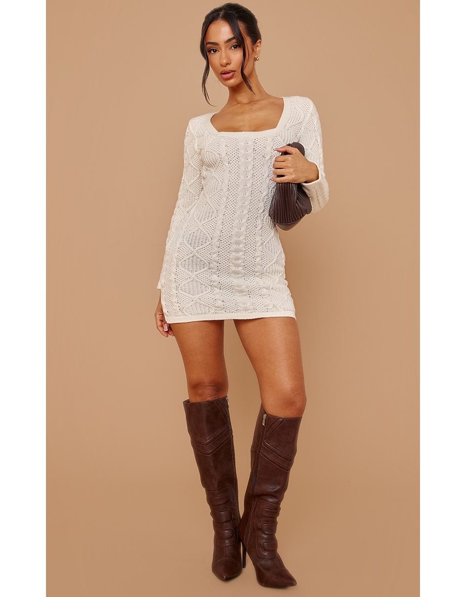 Shop Petite Cream Cable Knit Jumper Dress Online in Oman VogaCloset