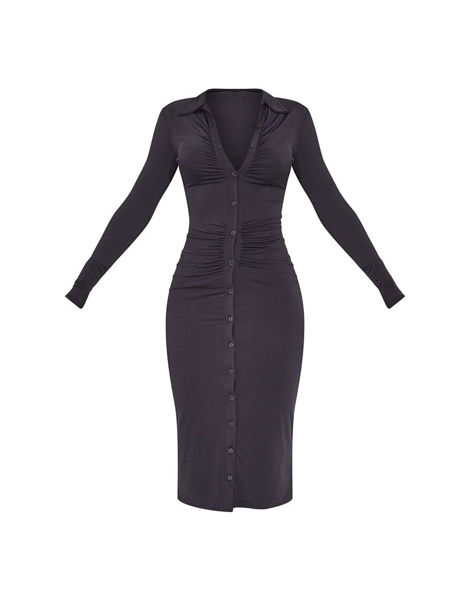 Black Slinky Ruched Button Down Midi Shirt Dress - 4