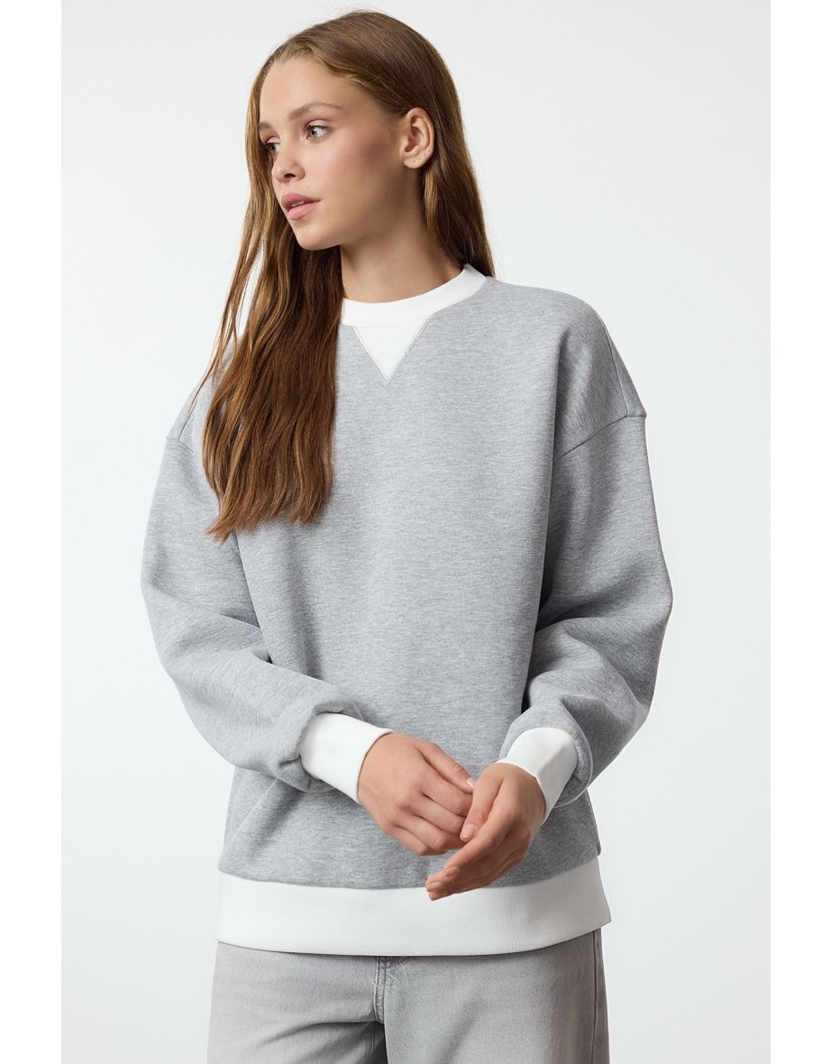 Grey Melange Color Block Oversize/Wide Pattern Thick Knitted Sweatshirt