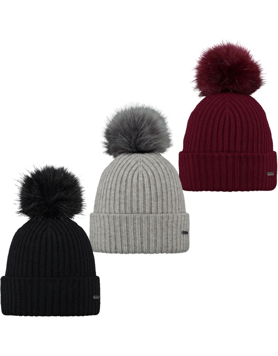 Barts Womens Kenzie Big Soft Stretchy Faux Fur Pom Warm Winter Beanie Bobble Hat