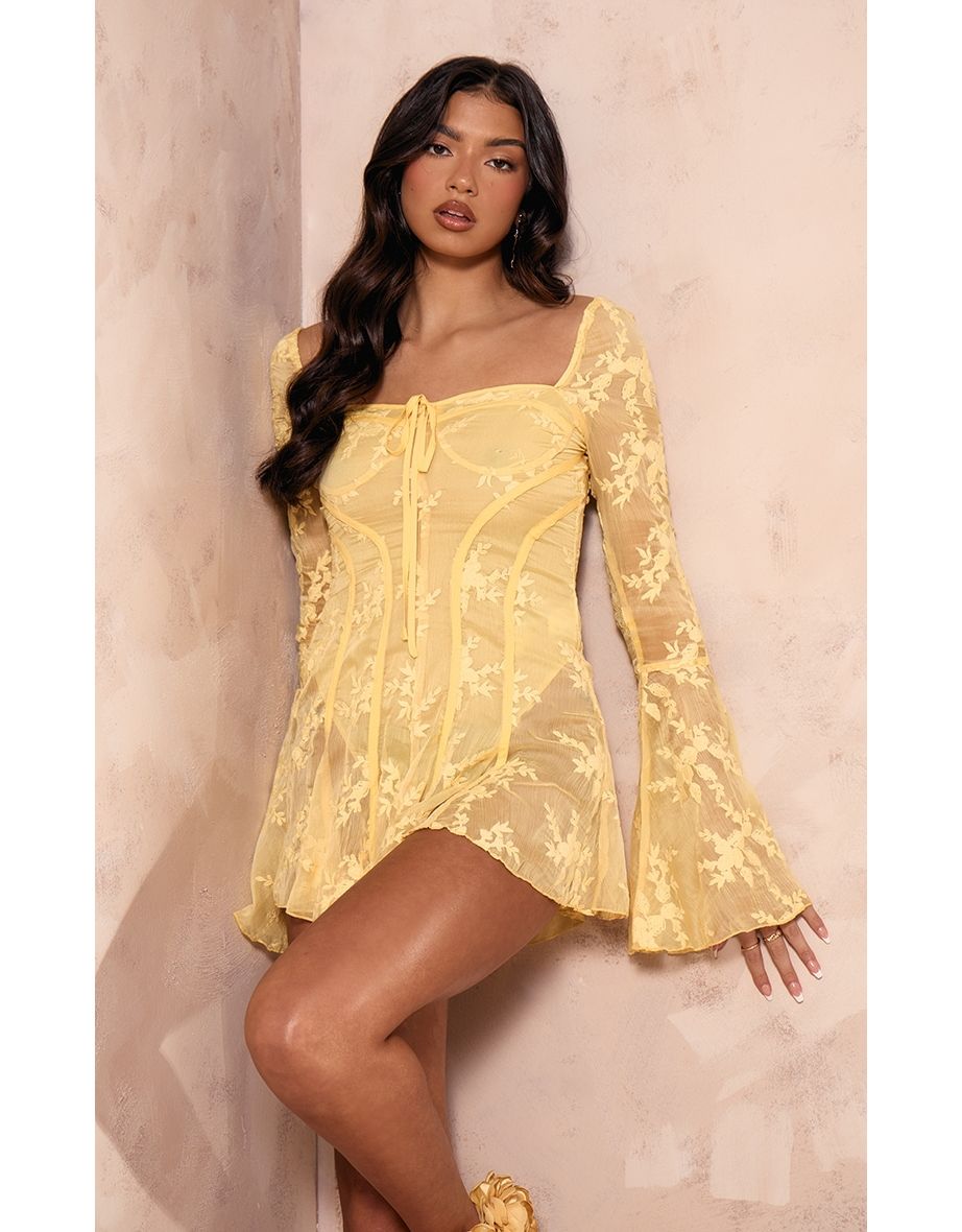 Lemon Lace Binding Detail Flare Sleeve Playsuit