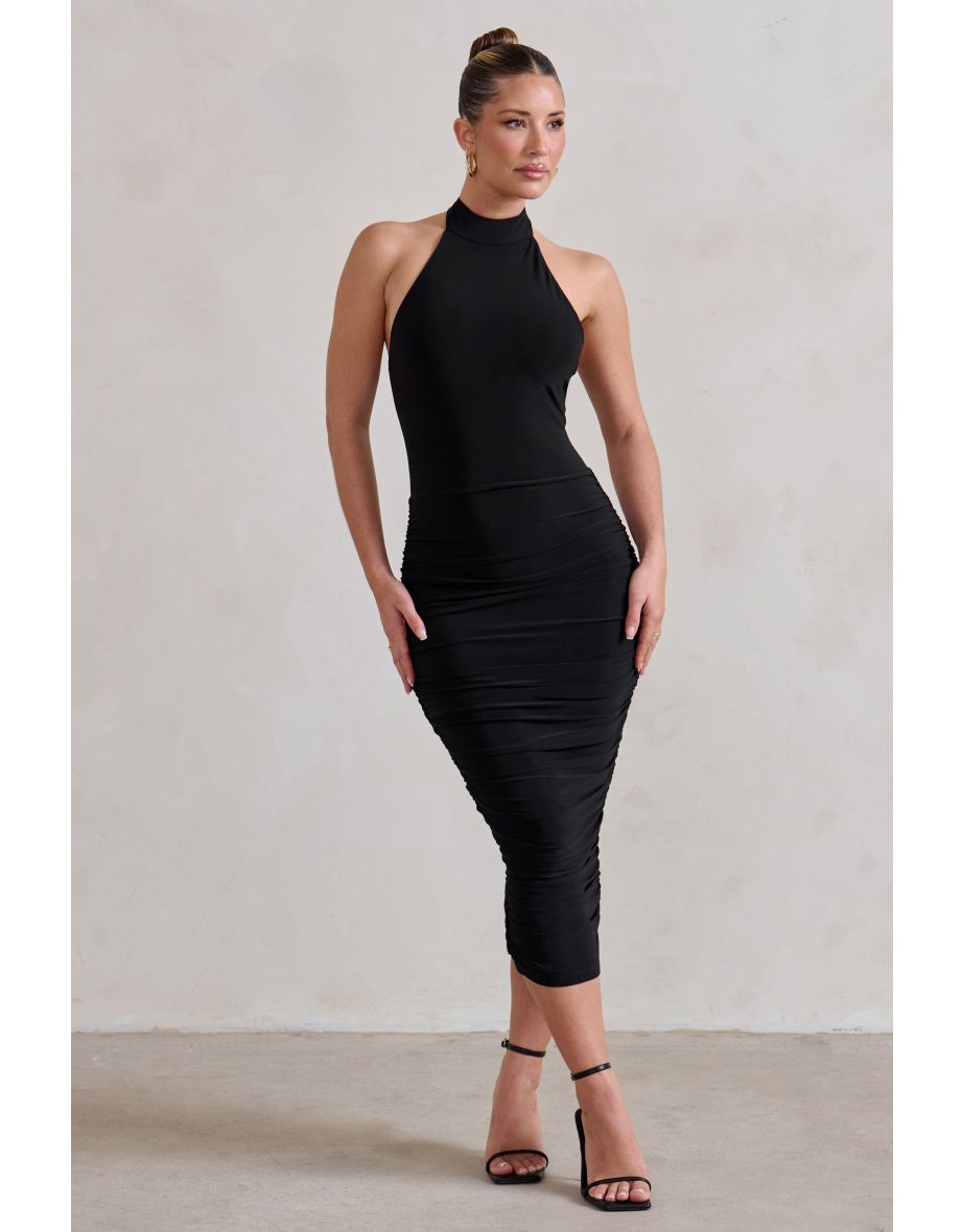 Chrissy | Black Halterneck Ruched Midi Dress - 3