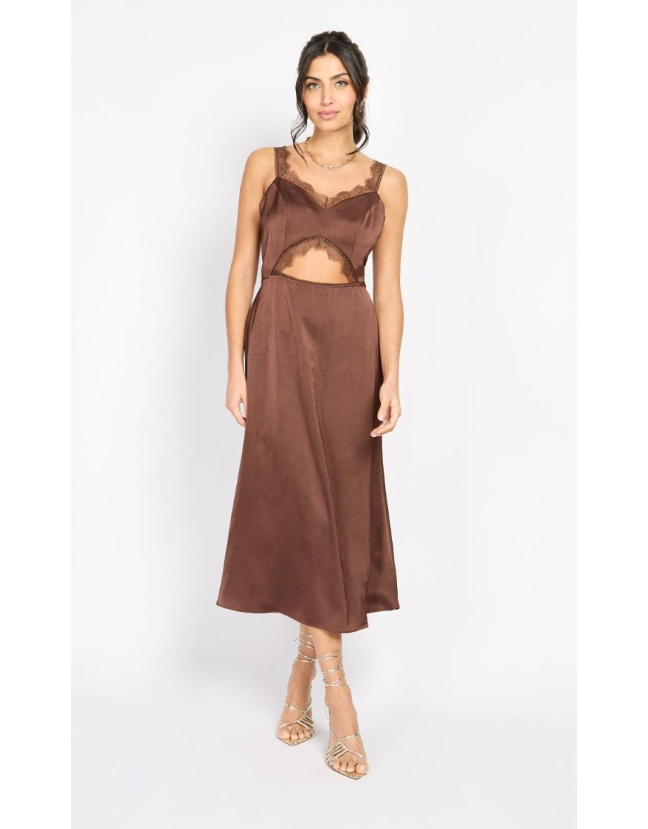 Chocolate Lace Trim Satin Midi Dress by Chloe Lewis