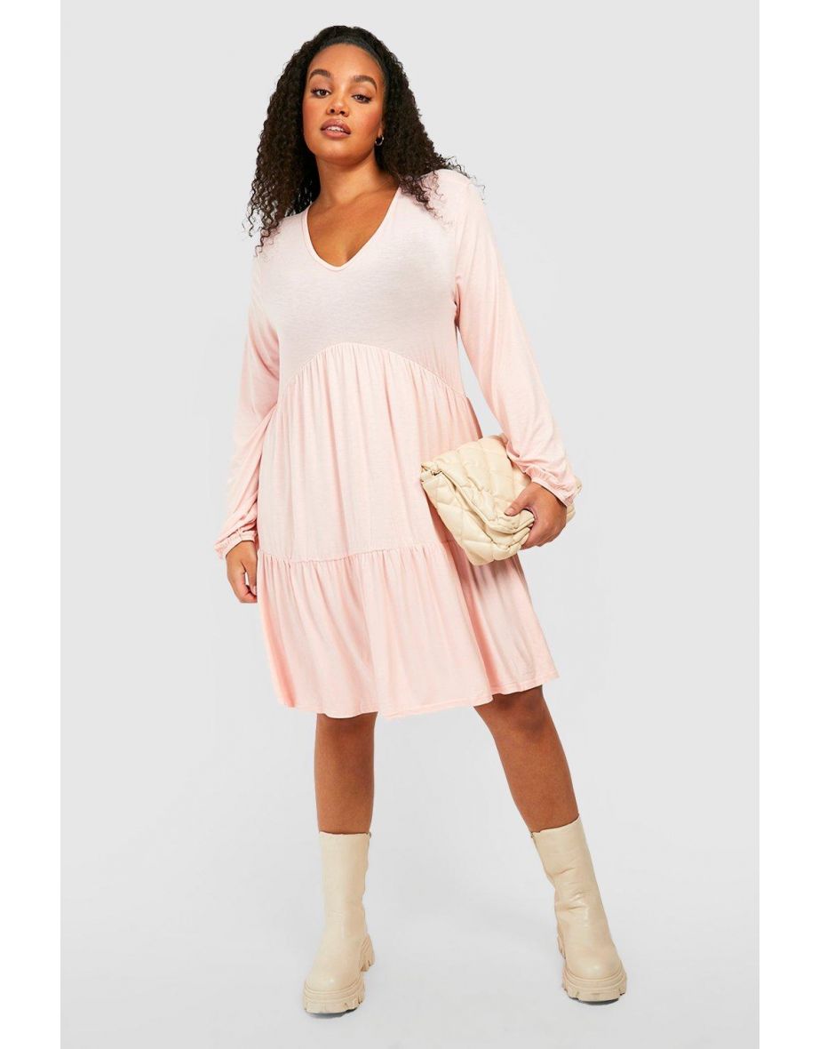 Plus  V Neck Tired Long Sleeve Smock Dress - blush - 3