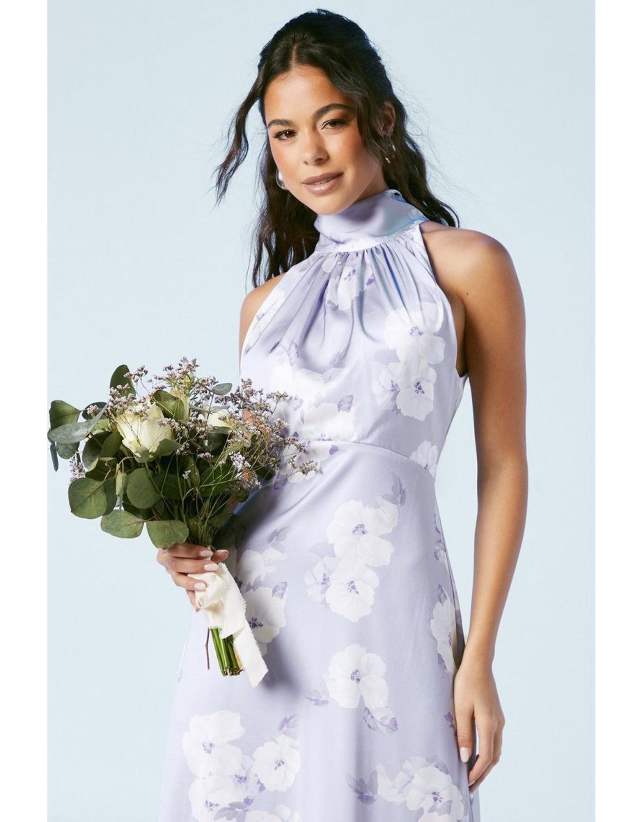 Lavender Posy Satin Halter Neck Midi Bridesmaids Dress - 3