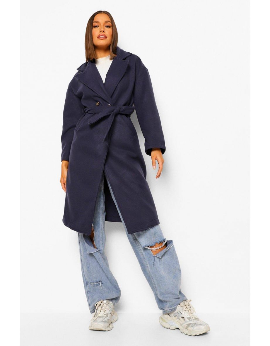 Double Breasted Belted Wool Look Coat - navy