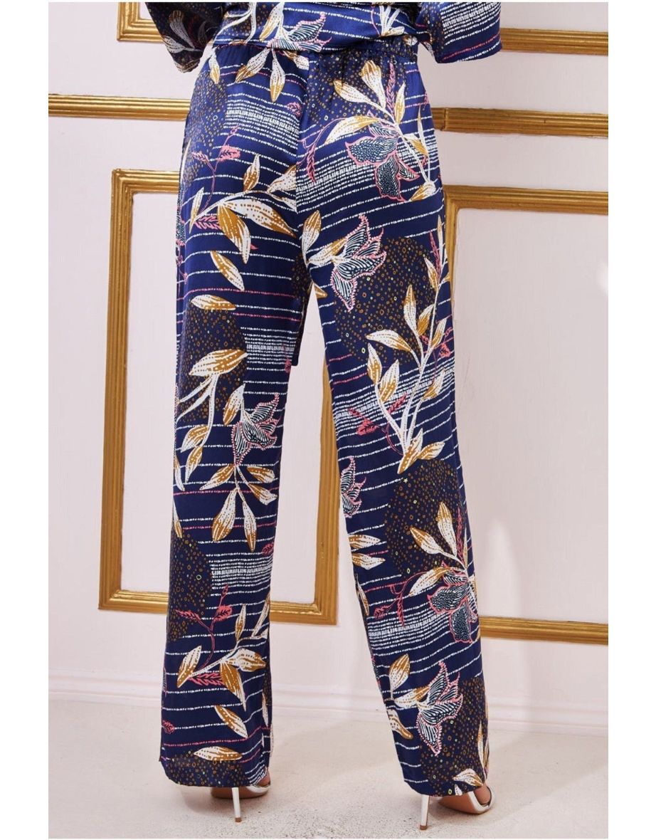 Goddiva Printed Satin Wide Leg Trouser - Navy - 3