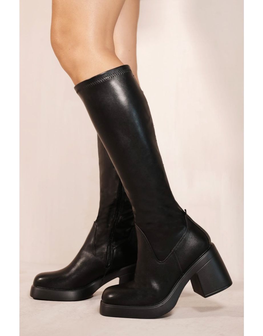 LILITH MID HIGH BLOCK HEEL CALF BOOTS WITH SIDE ZIP IN BLACK FAUX LEATHER
