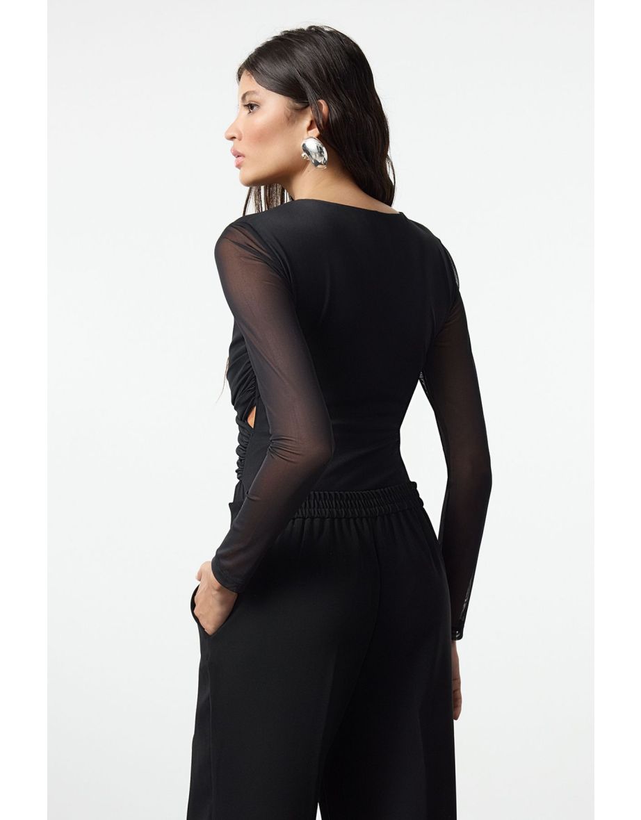 Black Cut Out/Window Detailed Tulle Knit Bodysuit - 4