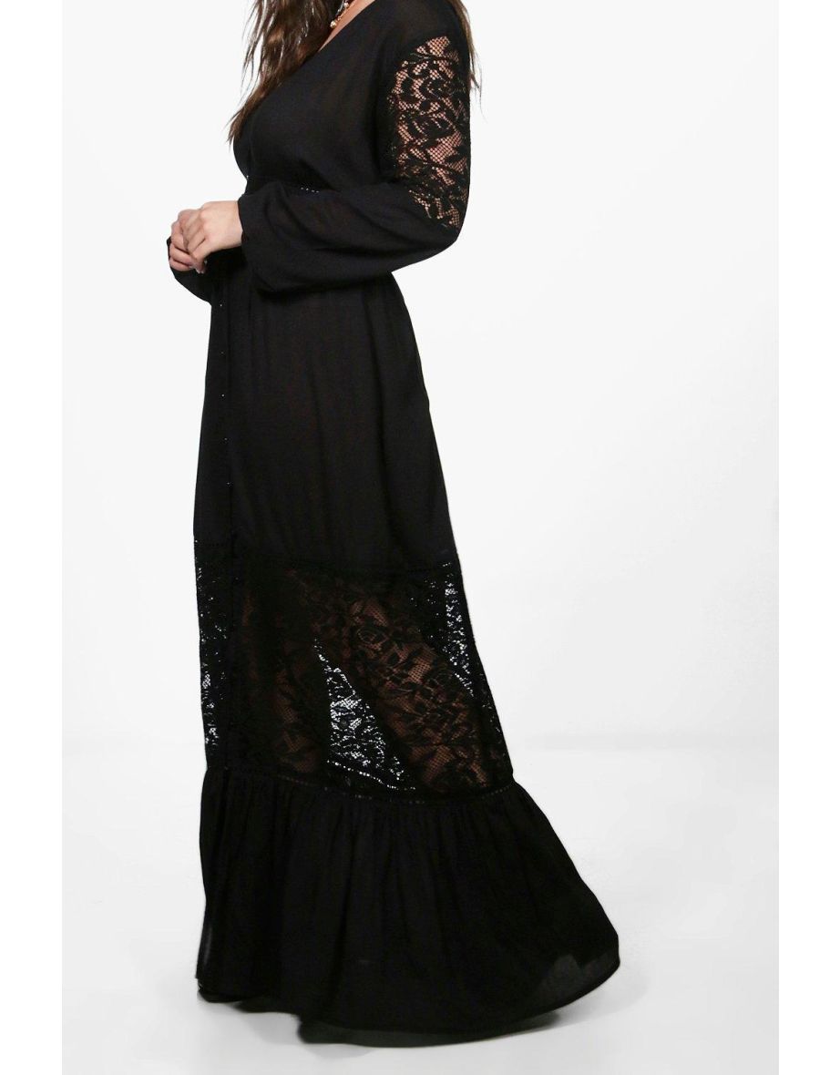 Plus Boho Lace Insert Maxi Dress - black - 3