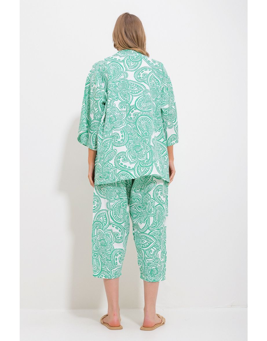 Women's Green Patterned Kimono With Jacket And Trousers Linen Woven Bottom Top Suit - 3