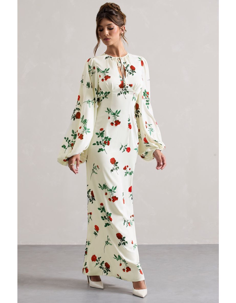 Wild Rose | Rose Print Satin Puff-Sleeve Cut-Out Maxi Dress - 4