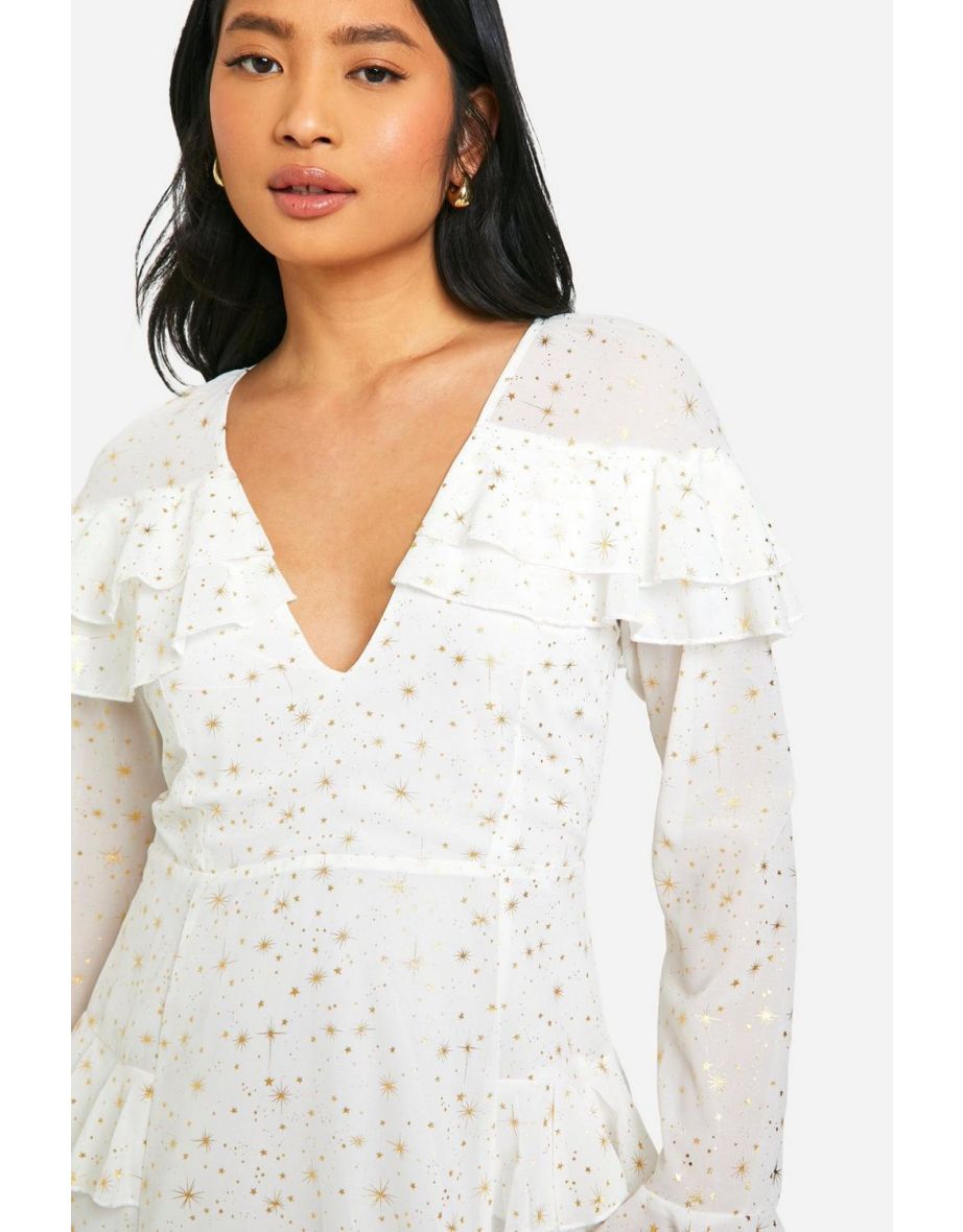 Petite Star Ruffle Detail Plunge Mini Dress - white - 3