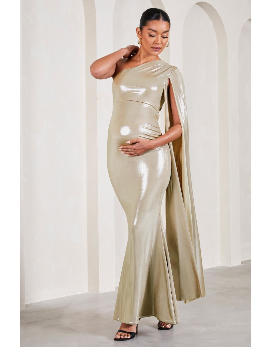 Amara | Gold Metallic One-Shoulder Maternity Maxi Dress With Cape