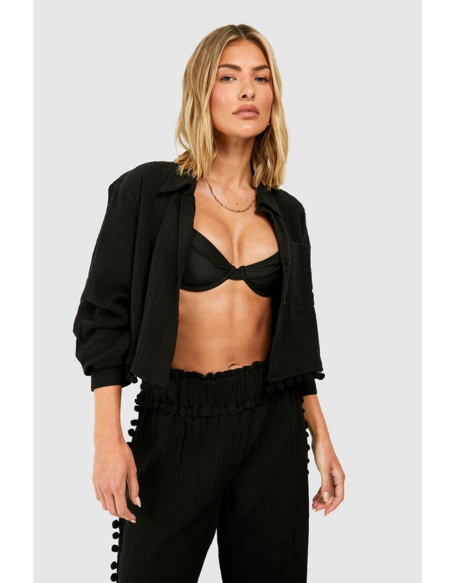 Beach Pom Pom Trim Shirt - black