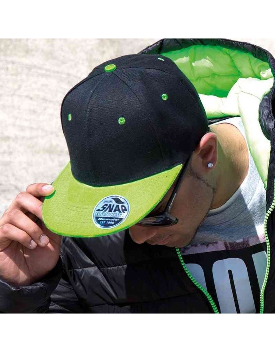 Result Unisex Core Bronx Original Flat Peak Snapback Dual Colour Cap - Black/Lime Green - 1