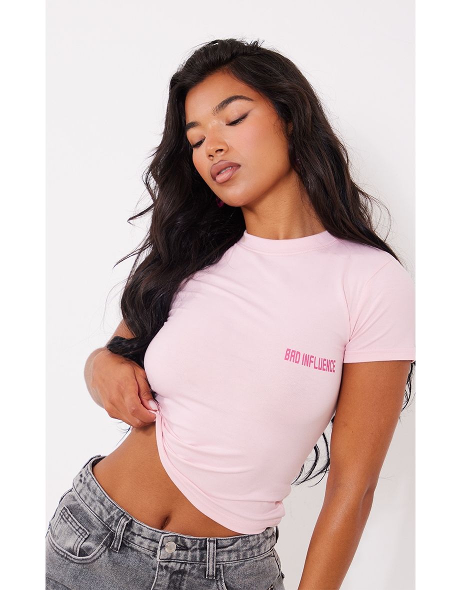 Pink Bad Influence Printed Long Fitted T Shirt