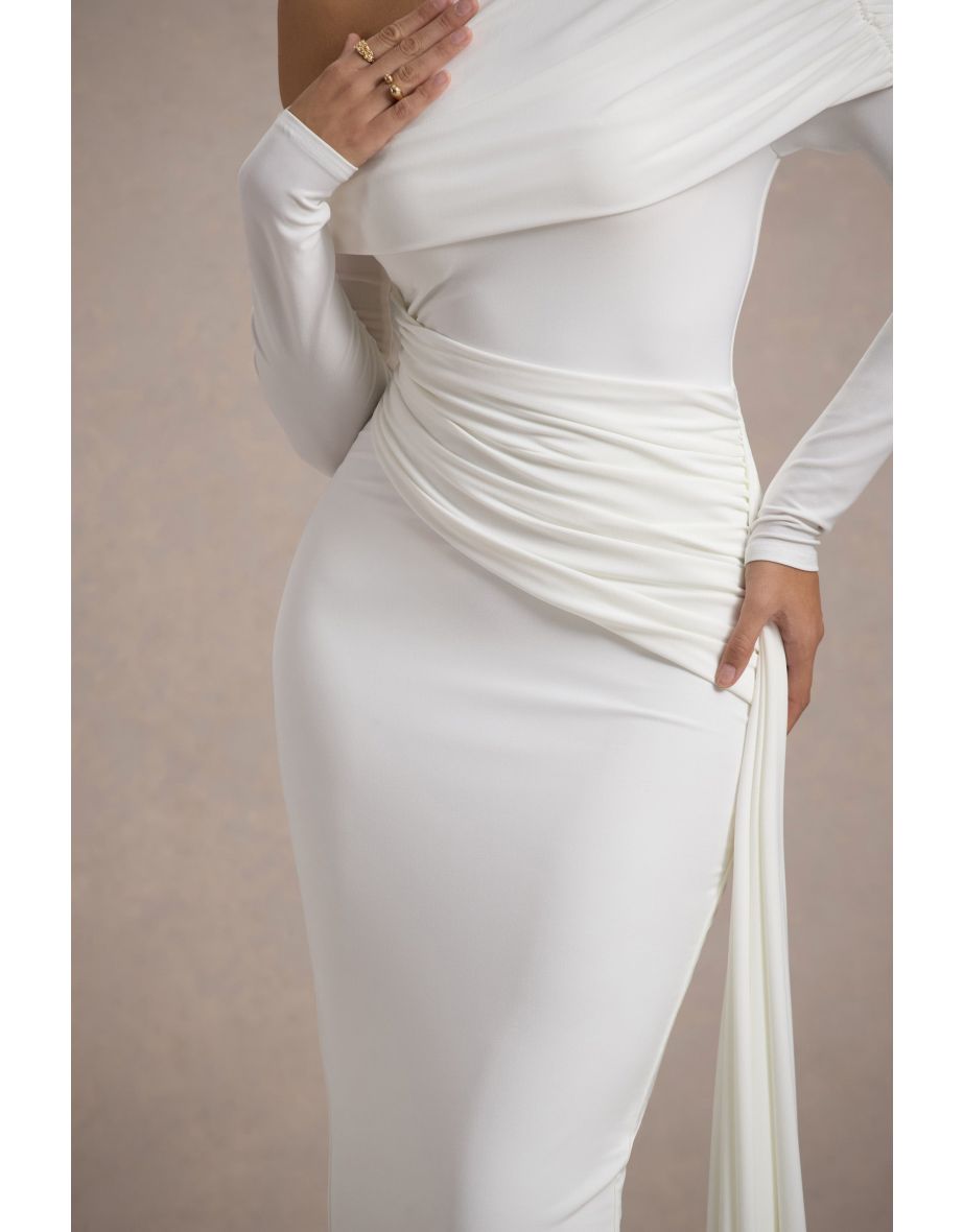 Valina | White Ruched Asymmetric Maxi Dress With Drape - 6