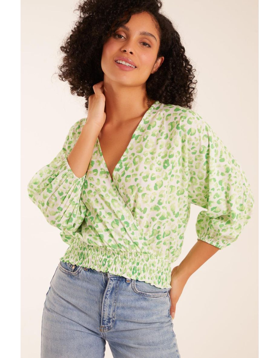 Elasticated Sleeve Wrap Front Elastic Hem Top