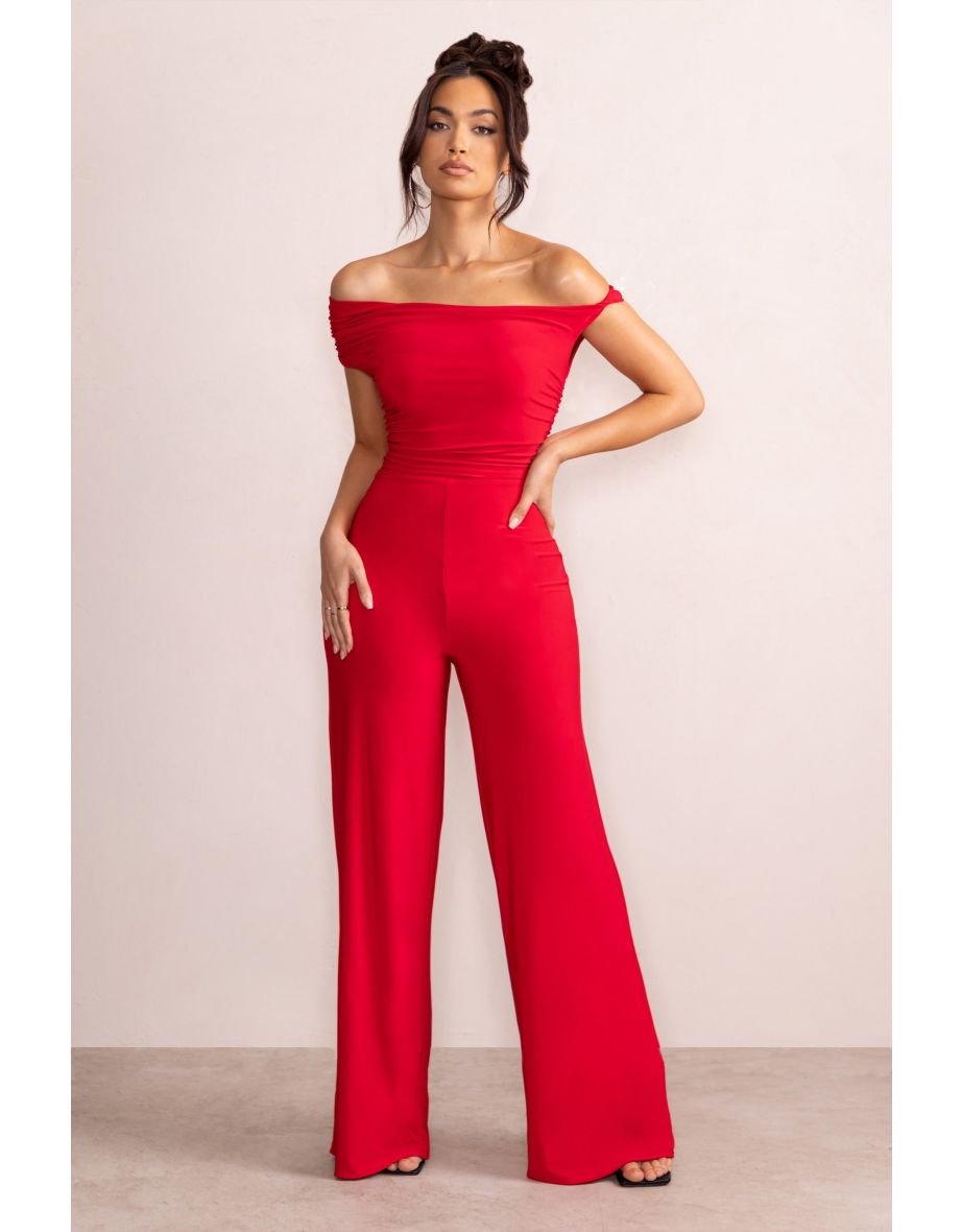 Avery | Red Asymmetric Bardot Ruched Jumpsuit With Wide Leg - 4