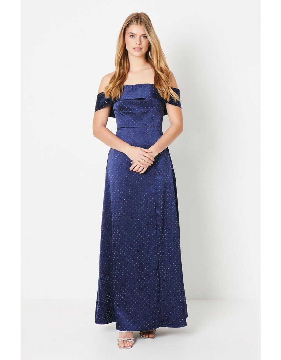 Debut London by Coast Bardot Satin Diamante Prom Dress - navy