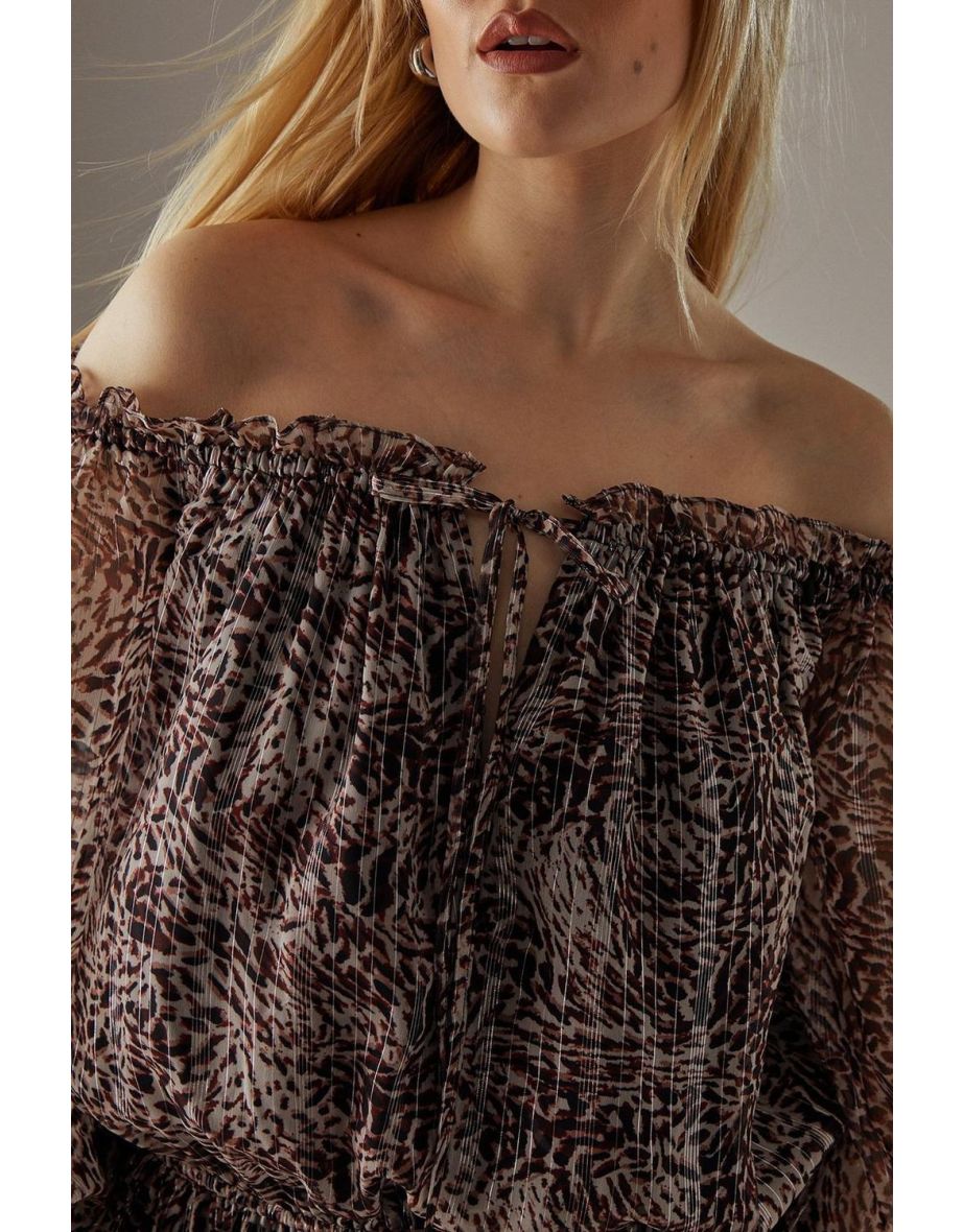 Metallic Chiffon Bardot Drop Waist Mini Dress - 3
