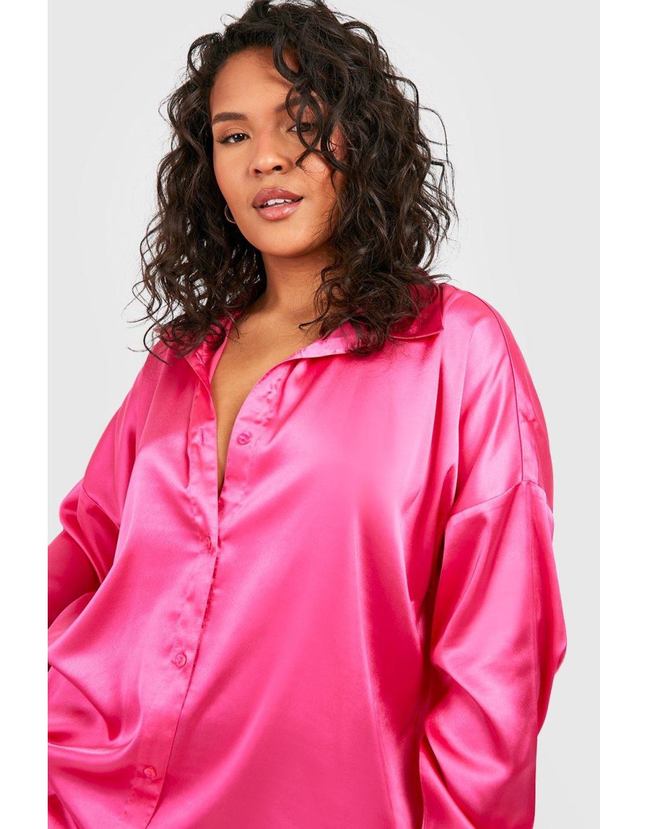 Plus Satin Shirt Dress - hot pink - 3