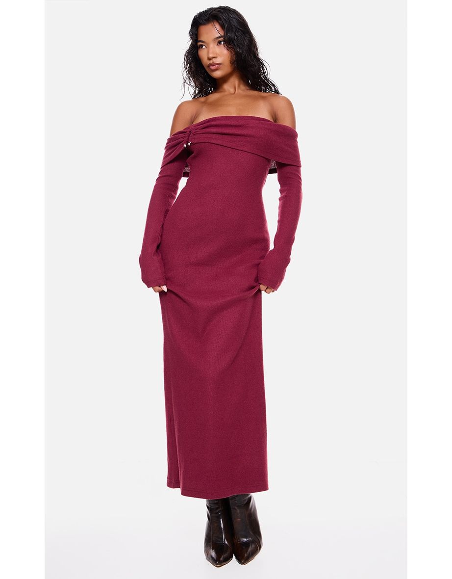 Burgundy Heavy Brushed Rib Bardot Trim Maxi Dress