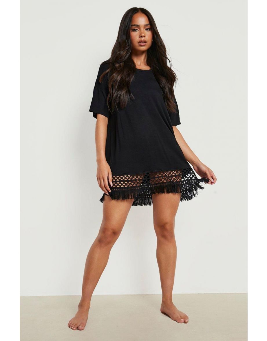 Petite Crochet Tassel Hem Beach Dress - black