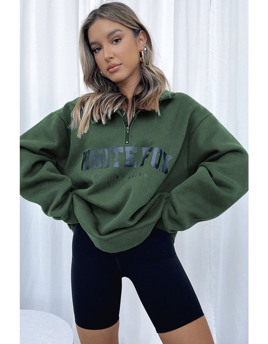 Khaki Zipper Detail Printed Sweatshirt