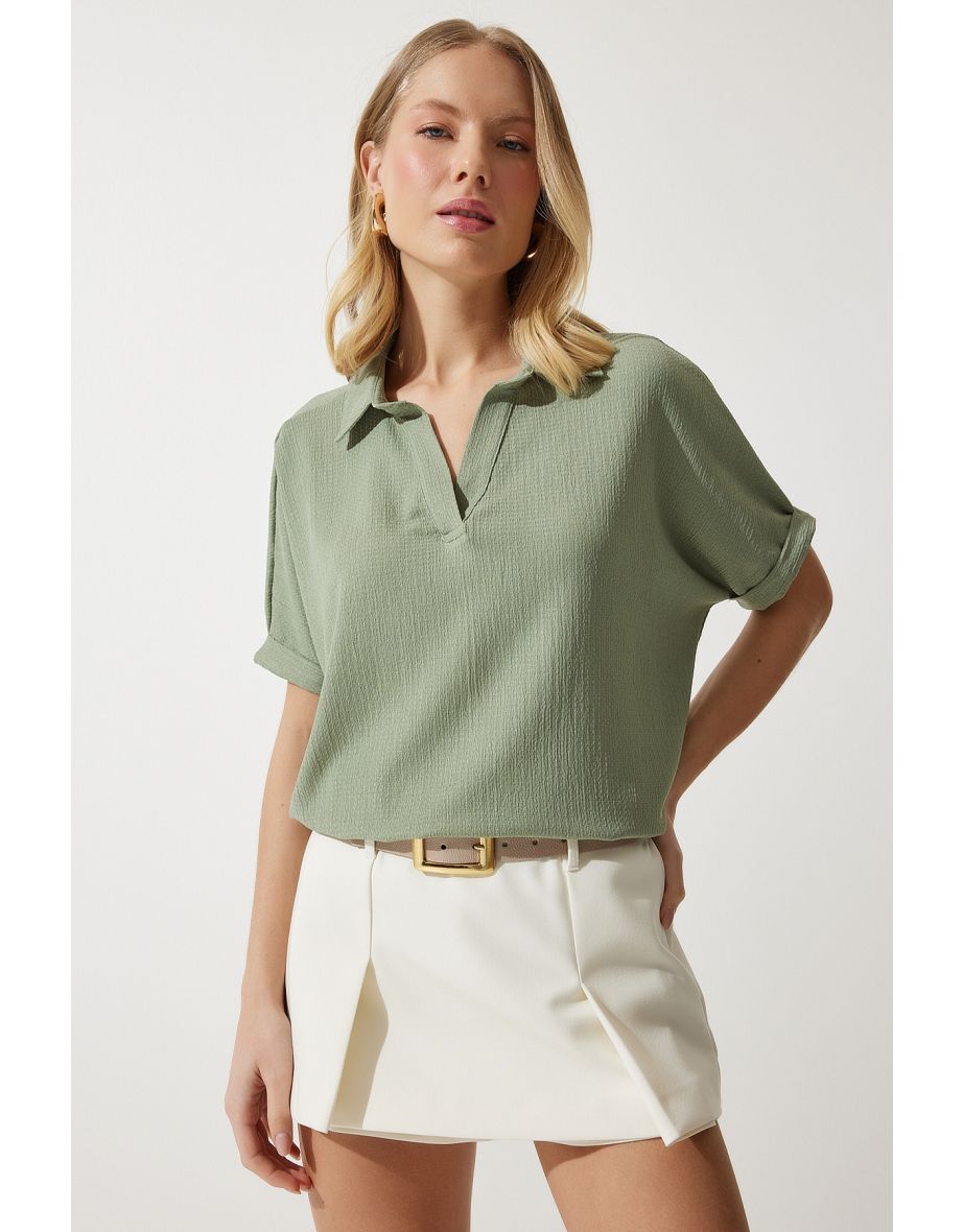 Women's Khaki Polo Neck Knitted Crinkle Blouse - 5