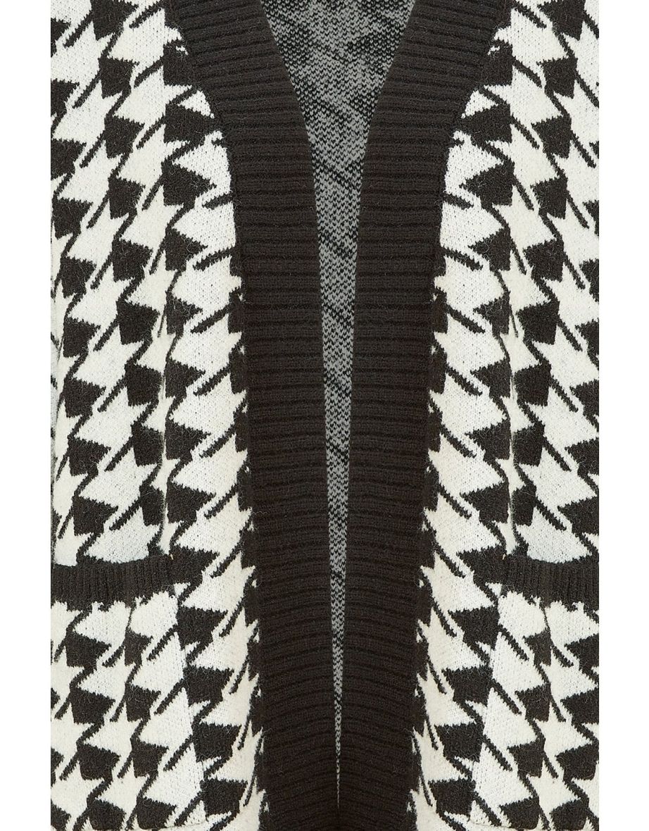 Yumi Black Dogtooth Intarsia Knit Long Cardigan - 4