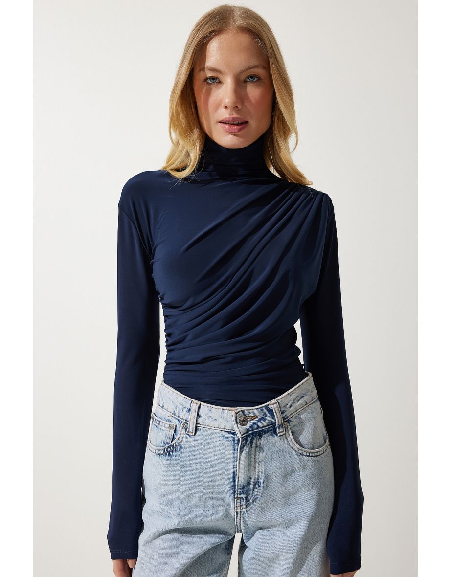 Women's Navy Blue Gathered Detailed High Neck Sandy Blouse - 4