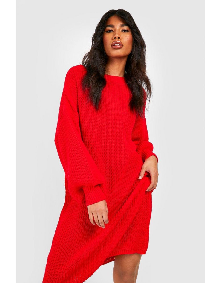 Balloon Sleeve Knitted Maxi Dress - red - 3