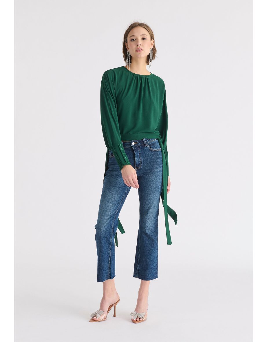 Waist Tie Top with Shirred Cuffs