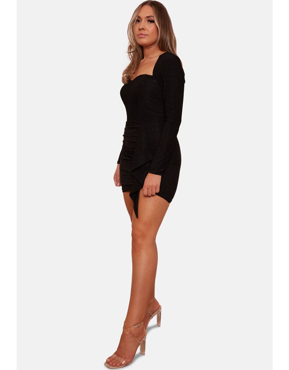 Long Sleeve Glitter Drape Mini Dress in Black - 3