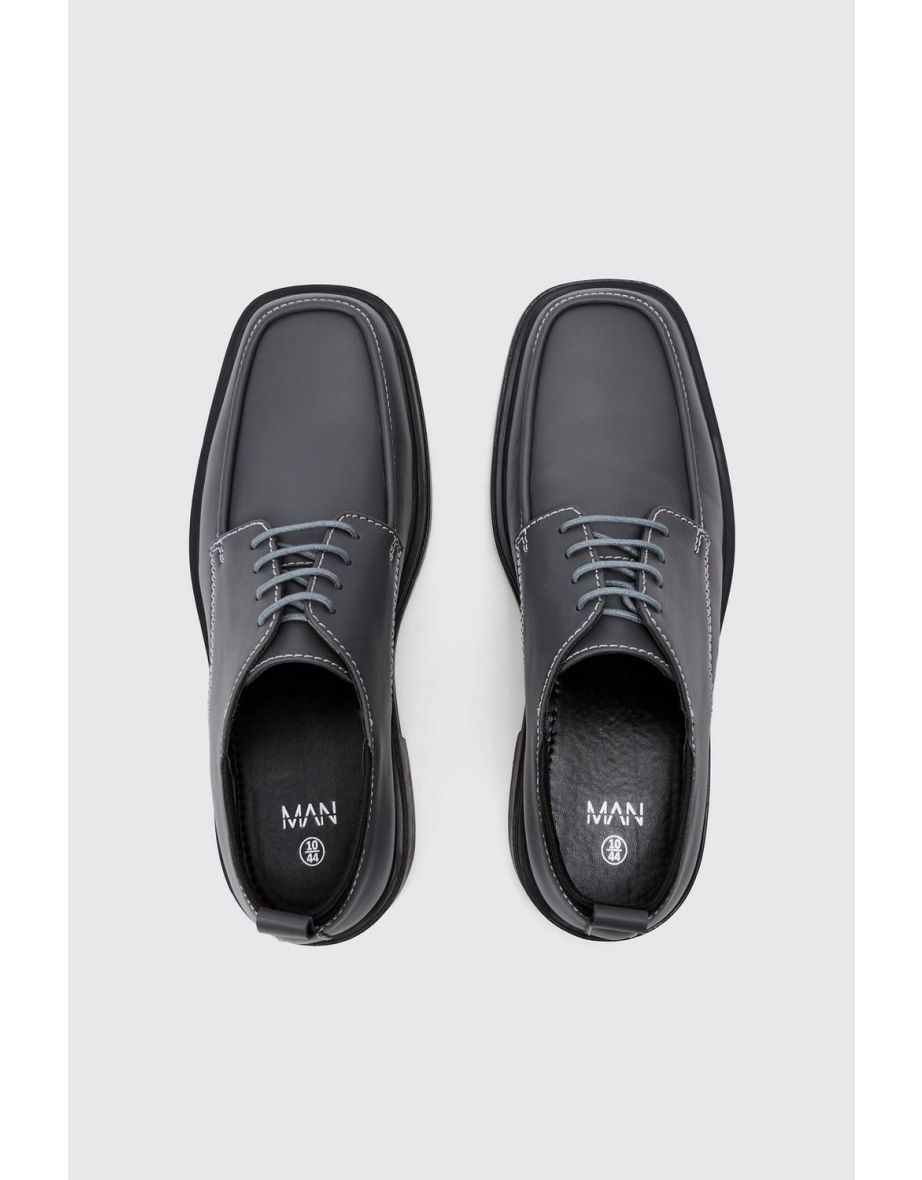 Faux Leather Contras Stitch Derby Shoes In Grey - grey - 3