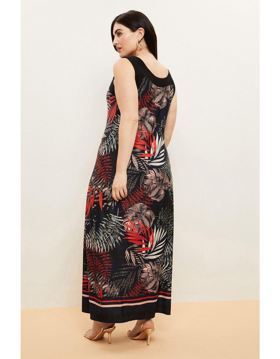 Curve Blue Palm Border Print Maxi Dress - 2