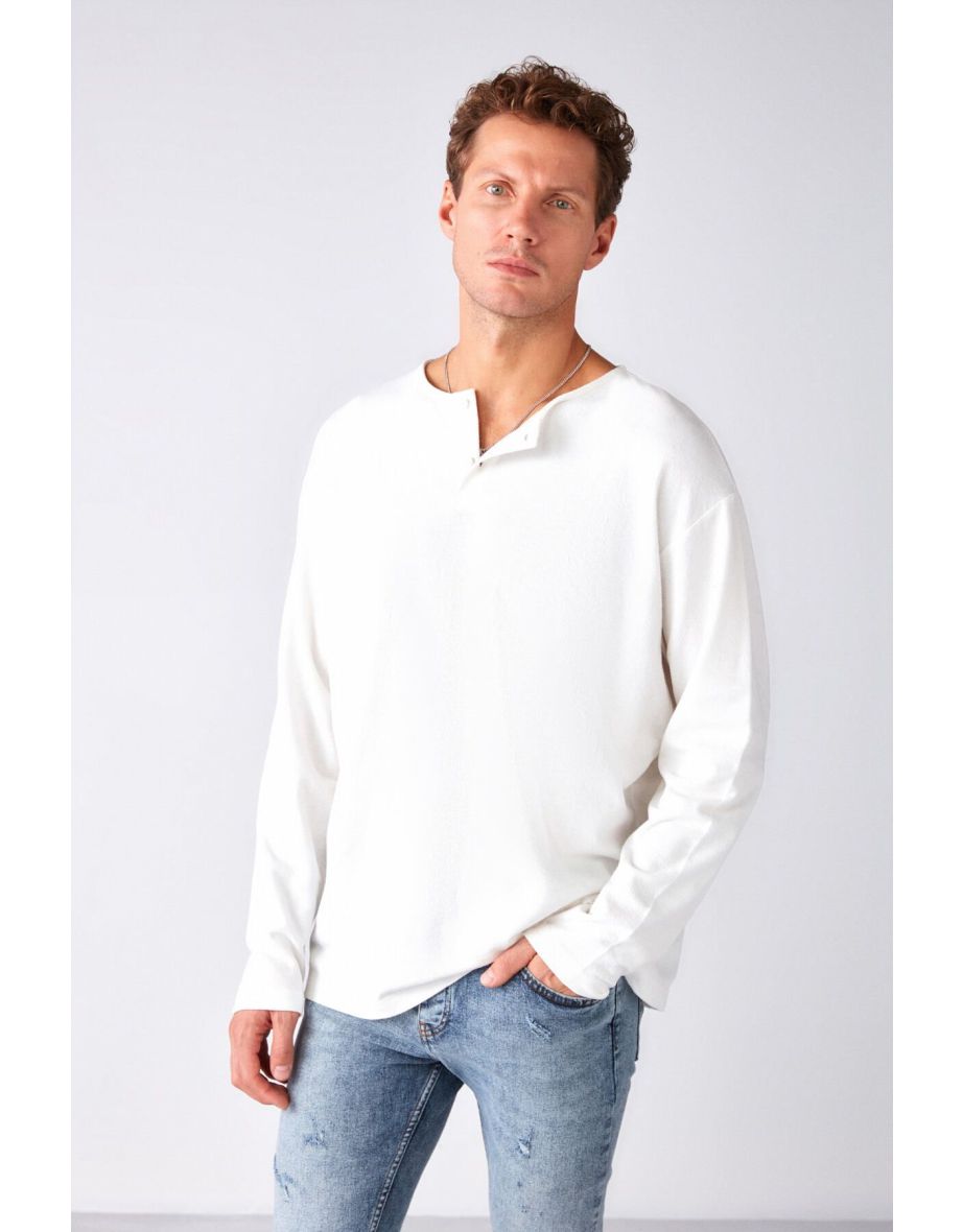Lorenzo Men's Special Rustic Textured 100% Organic Cotton Button Detailed Regular Ecru Sweatshirt