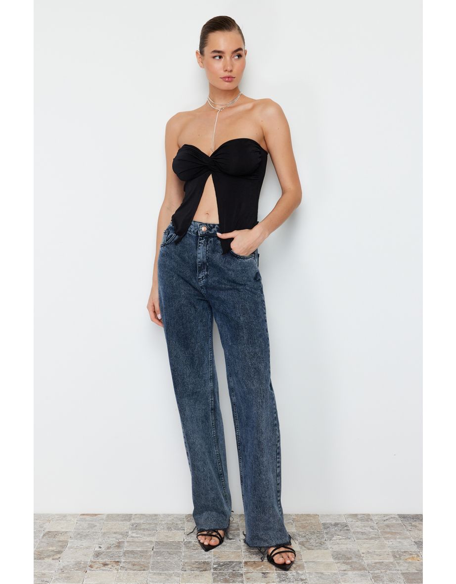 Black imitated Edition Sweetheart Neckline Gathered Crop Knitted Blouse