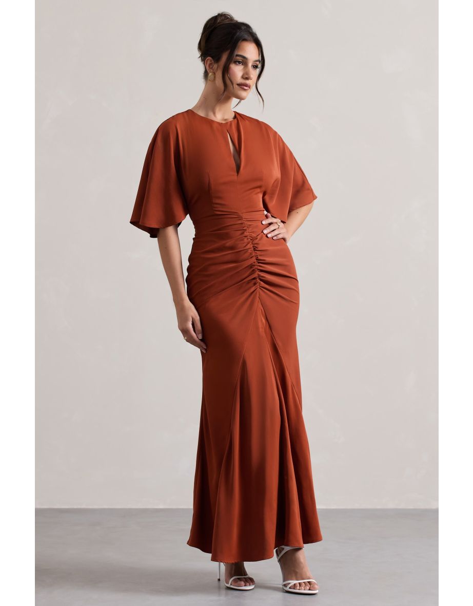 Elidy | Terracotta Ruched Flutter-Sleeve Cut-Out Maxi Dress - 10