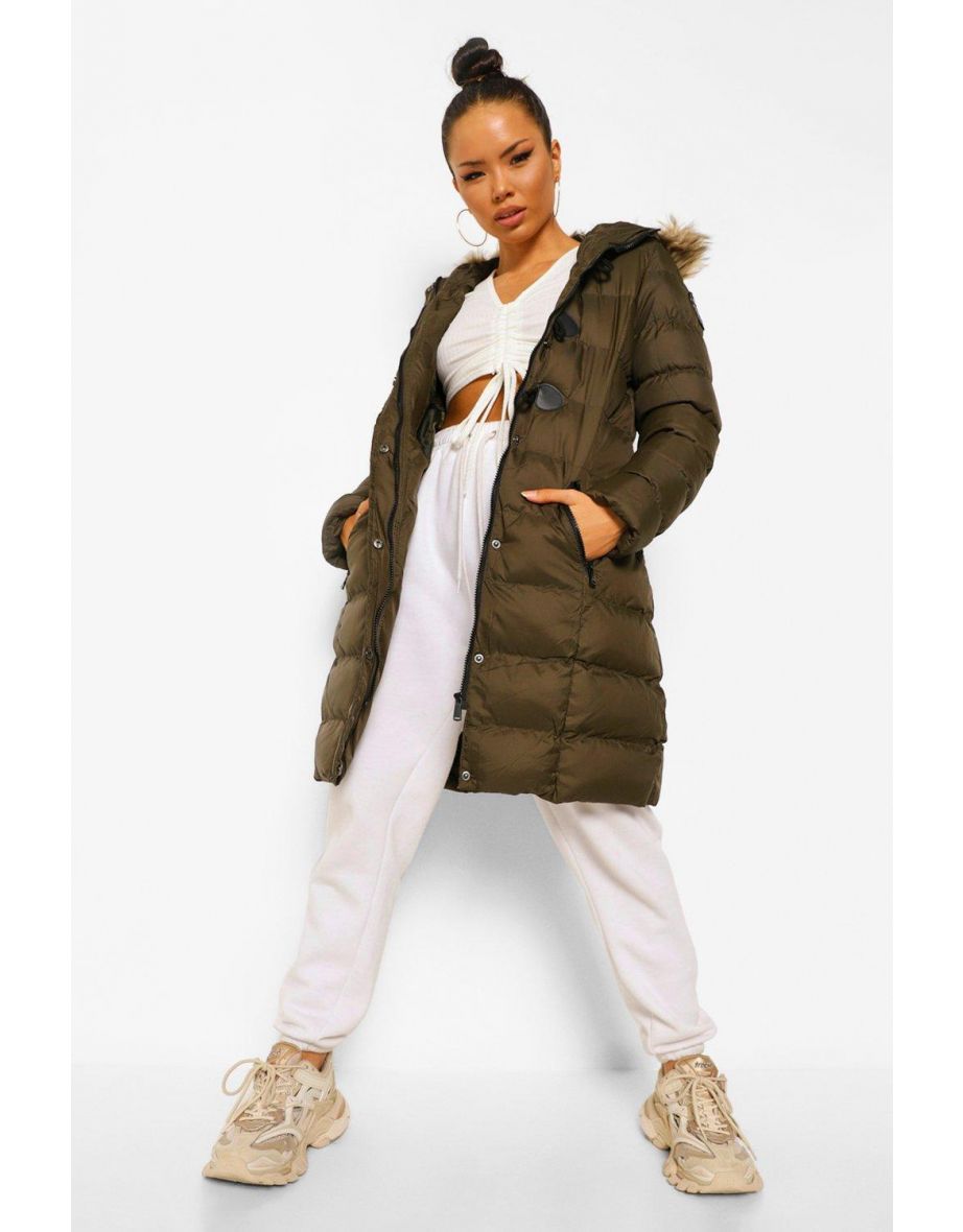 Quilted Faux Fur Hood Parka - khaki